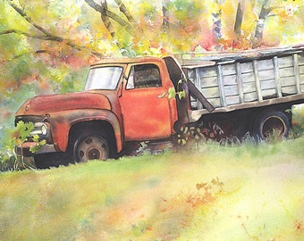 Old Truck Watercolor Greeting Card, Vintage Truck Card, Old Truck Watercolor Print, Vintage Truck Watercolor, Old Farm Truck Wall Art