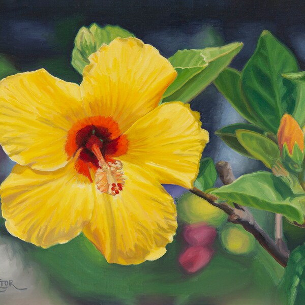 Peinture de fleurs d'hibiscus, impression d'hibiscus, oeuvre d'art de fleurs jaunes, impression de fleurs d'hibiscus, décoration murale d'hibiscus, art d'hibiscus, botanique jaune