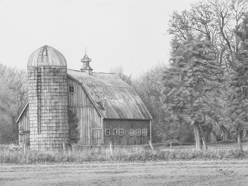 Farm Drawing, Barn Drawing, Farm Art Print, Barn Gift, Rural Landscape, Traditonal Family Farm, Family Farm, Farmhouse Wall Art image 2