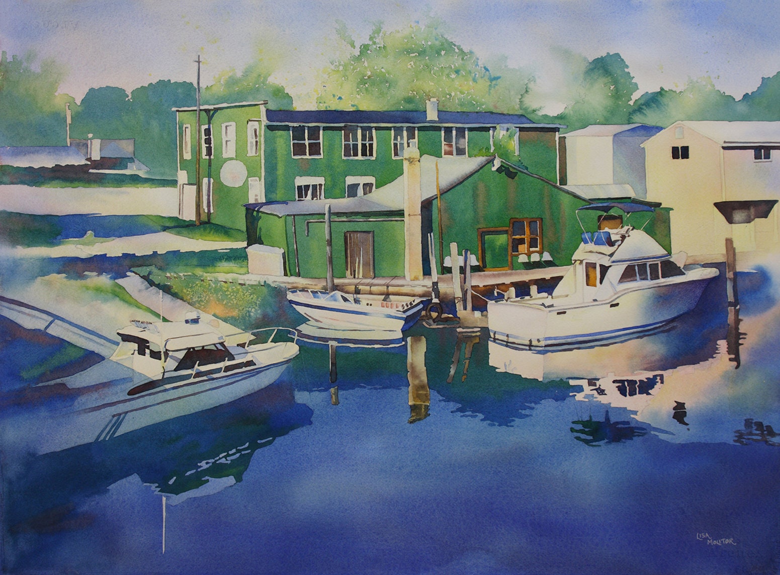 Boat Harbor Painting, Boat Harbor Art Print, Lake Landscape Watercolor