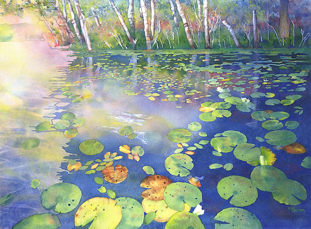 Lily Pad Painting, Lily Pad Watercolor Painting, Lake Landscape