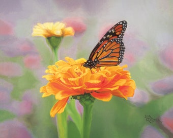 Butterfly Flower Painting,  Butterfly Painting, Butterfly Art Print, Monarch Art Print, Butterfly Flower Print, Zinnia, Insect Painting