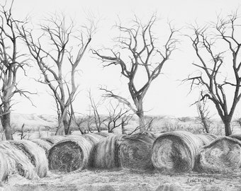 Tree Drawing, Hay Bale Drawing, Tree Art Print, Farm Hay Bales, Hay Bale Illustration, Tree Wall Art, Tree Illustration, Gift for Farmer