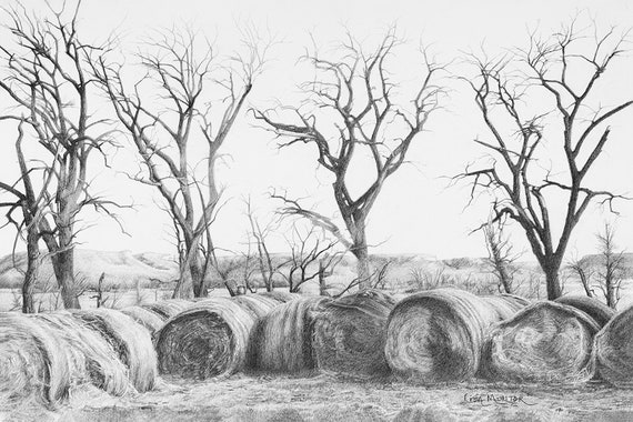 Fodgænger Hollow Kør væk Tree Drawing Hay Bale Drawing Tree Art Print Farm Hay - Etsy
