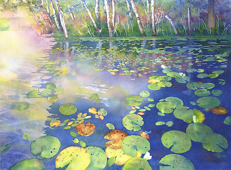 Lily Pad Painting, Lily Pad Watercolor Painting, Lake Landscape