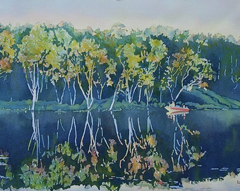 Lake Landscape Painting Print, Lake Scene Watercolor, Fishing Painting, Boat Painting, Lake Landscape Art Print, Lake Landscape Wall Art