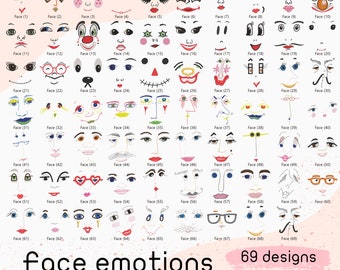 Motifs de broderie machine visages émotionnels, broderie visage en colère, broderie emoji, broderie émotions, broderie visage sourire, téléchargement immédiat