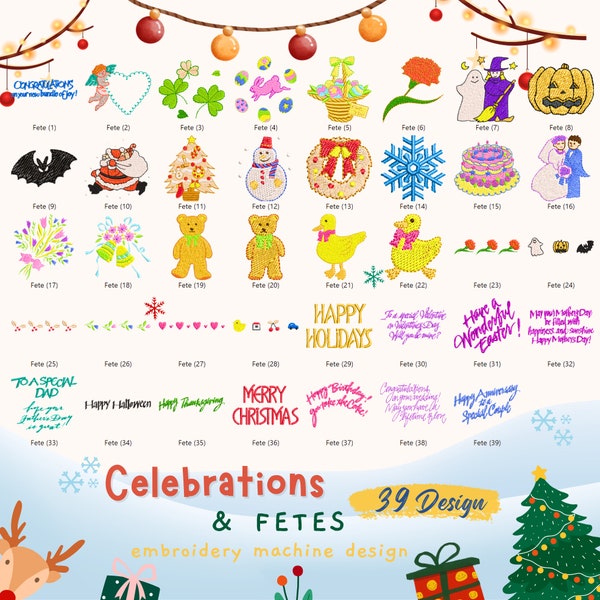 Celebrations Fetes embroidery designs,Happy Holiday embroidery,Merry Christmas,Instant download,Halloween embroidery,Fetes embroidery