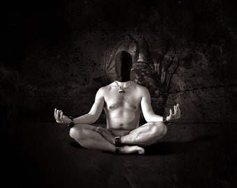 Half Lotus, Ardha Padmasana. Digital pigment print. yoga nude male fetish leather