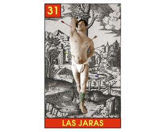 Las Jaras: The Arrows. Limited edition archival pigment print. Lotería card. Mexican lottery nude male