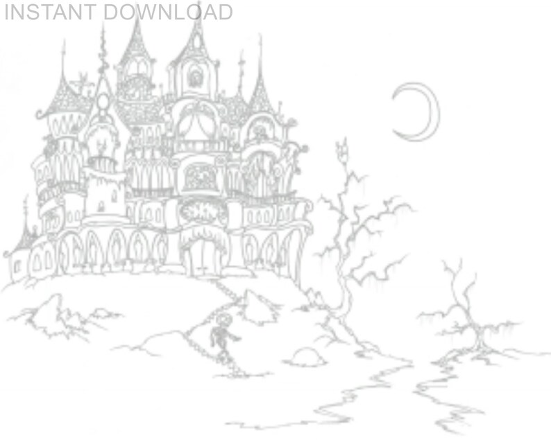 Printable Halloween Coloring PageInstant DownloadDigital File Halloween Haunted House and Moon10 x 8 Printable