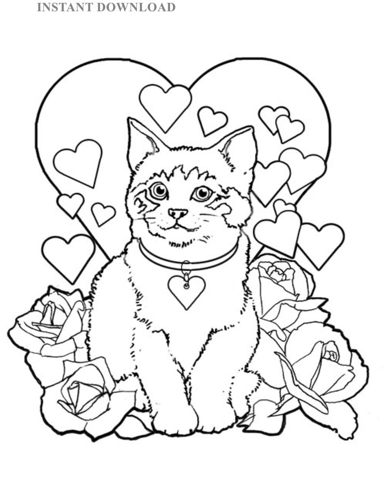 Printable Cat Hearts and Roses Coloring Sheet/instant Download/digital ...