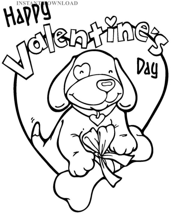 Printable Valentine Puppy W Heart Coloring Sheet Instant Etsy