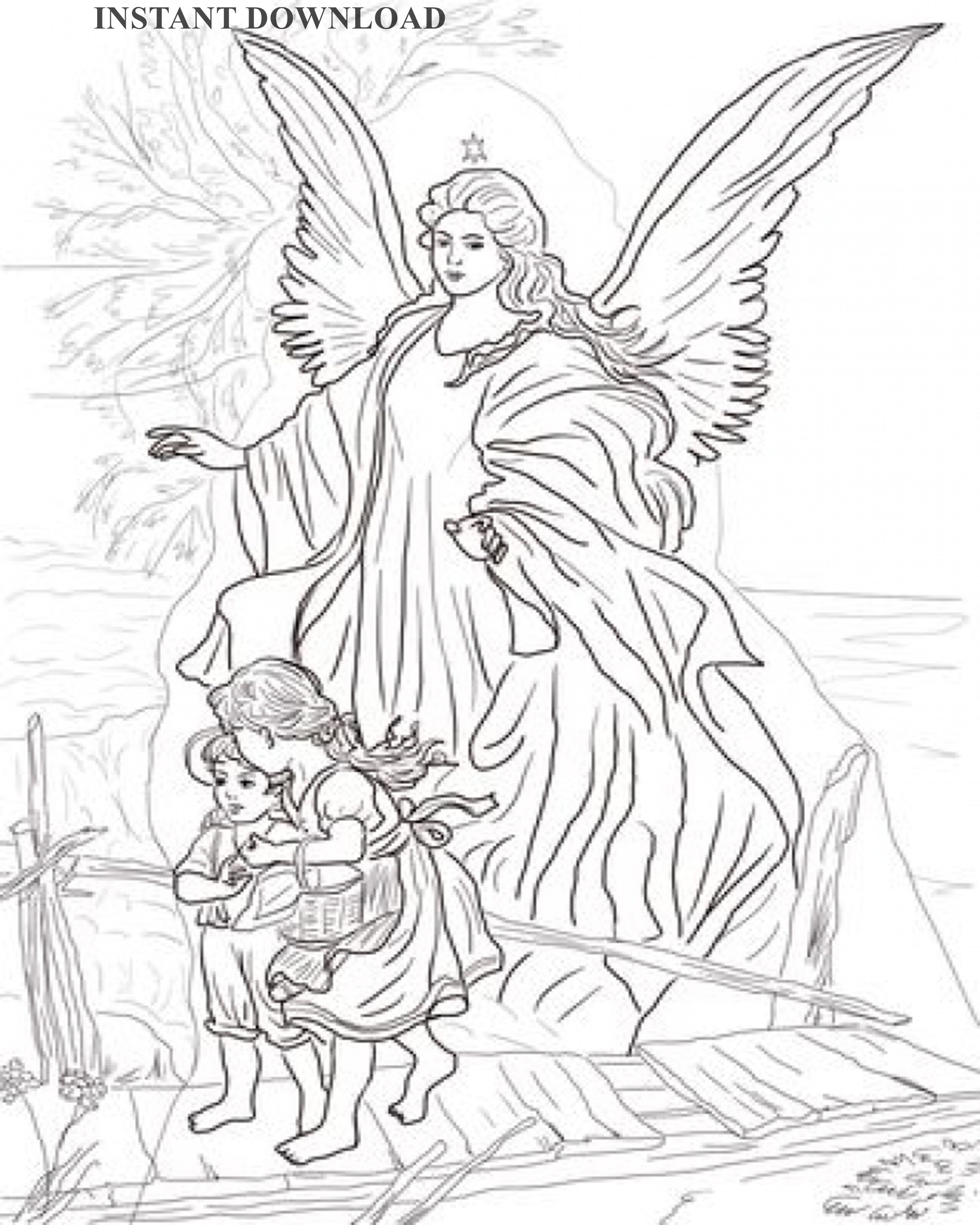 Printable Angel With Children Coloring Page, Digital Download, 8 X 10