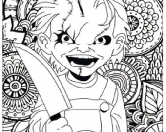 Printable Halloween Coloring Page/Instant Download/Digital File/Freaky/Scary Doll w/Knife/8" x !0" Printable