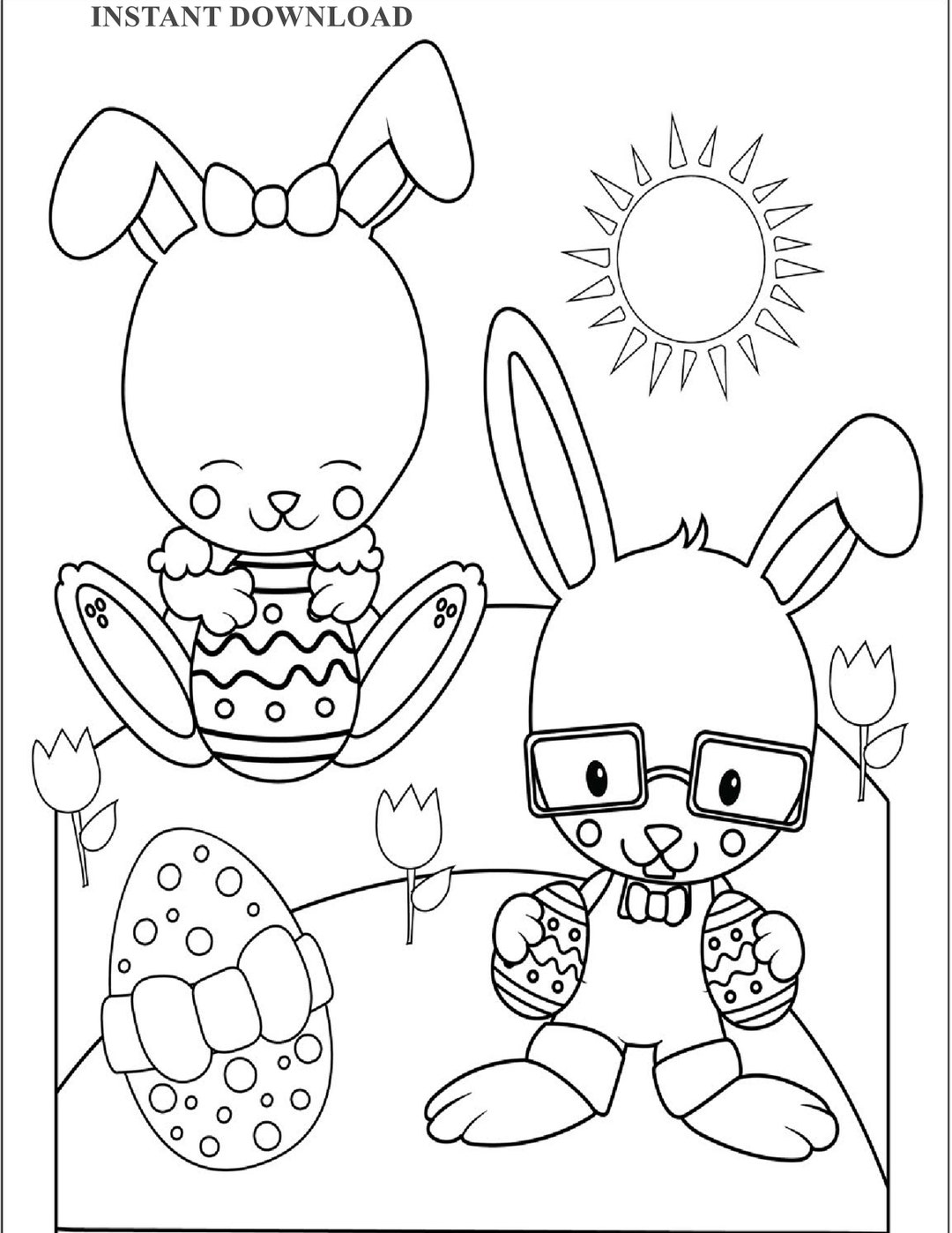 Printable Easter Bunnies & Eggs Coloring Page Instant Download Digital ...