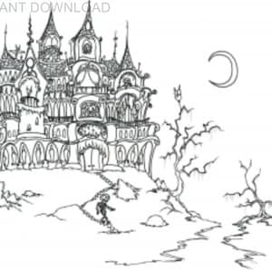 Printable Halloween Coloring PageInstant DownloadDigital File Halloween Haunted House and Moon10 x 8 Printable