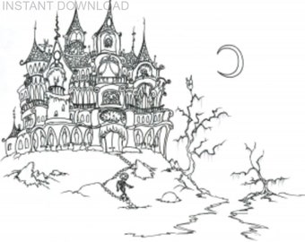 Printable Halloween Coloring Page/Instant Download/Digital File/ Halloween Haunted House and Moon/10" x 8" Printable