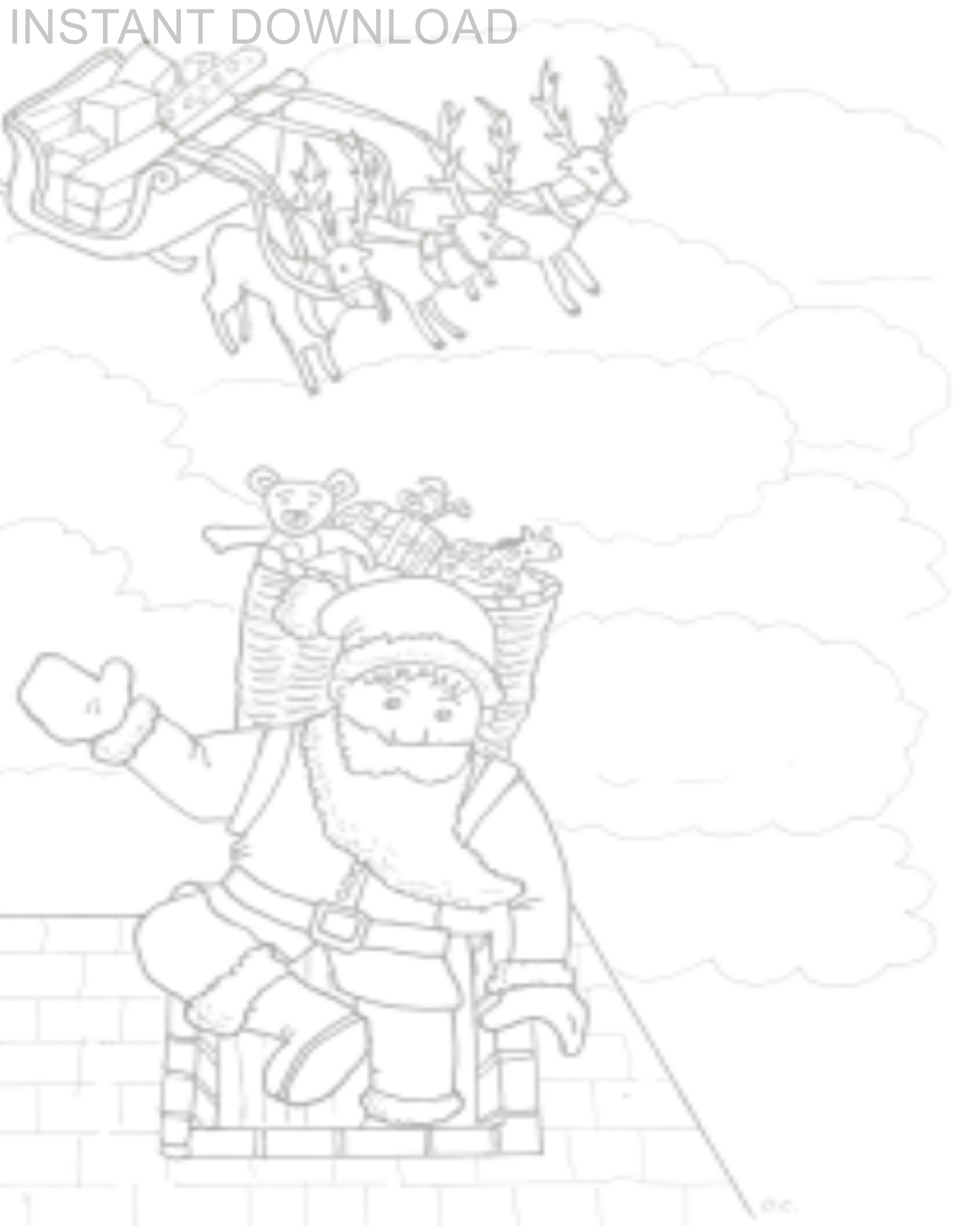 Printable 8 x 10 Santa Going Down Chimney Coloring Page/Instant Download/Digital File/Plus Bonus