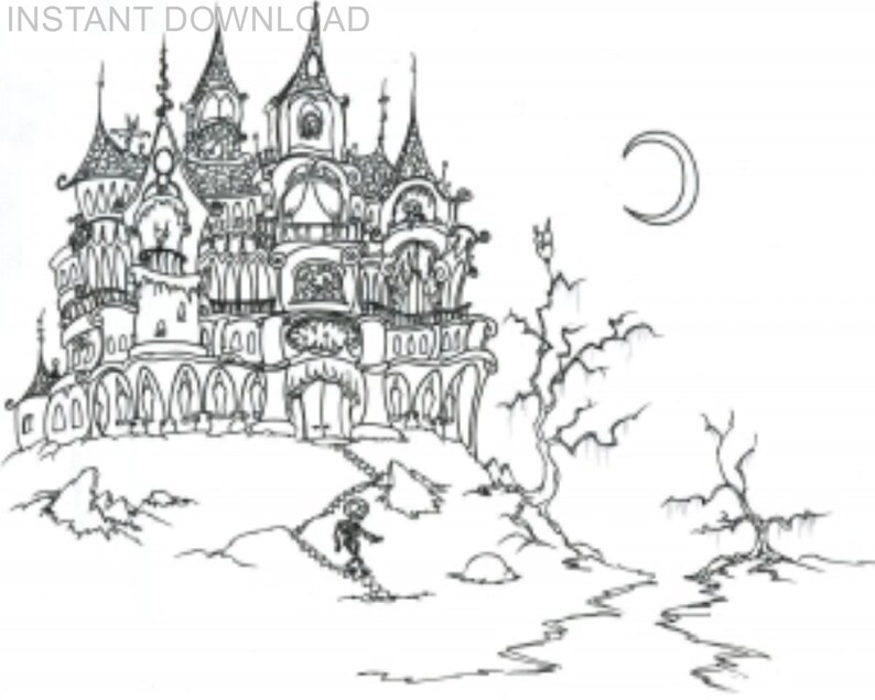 Printable Halloween Coloring PageInstant DownloadDigital File Halloween Haunted House and Moon10 x 8 Printable