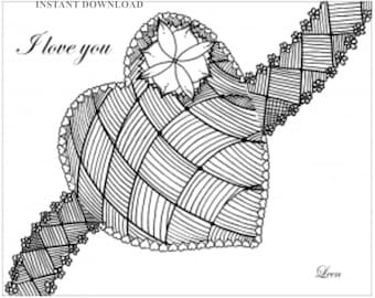 Printable Heart I Love You Valentine Coloring Sheet/Instant Download/Digital File/8" x 10" Printable Valentine/Adult Coloring Download