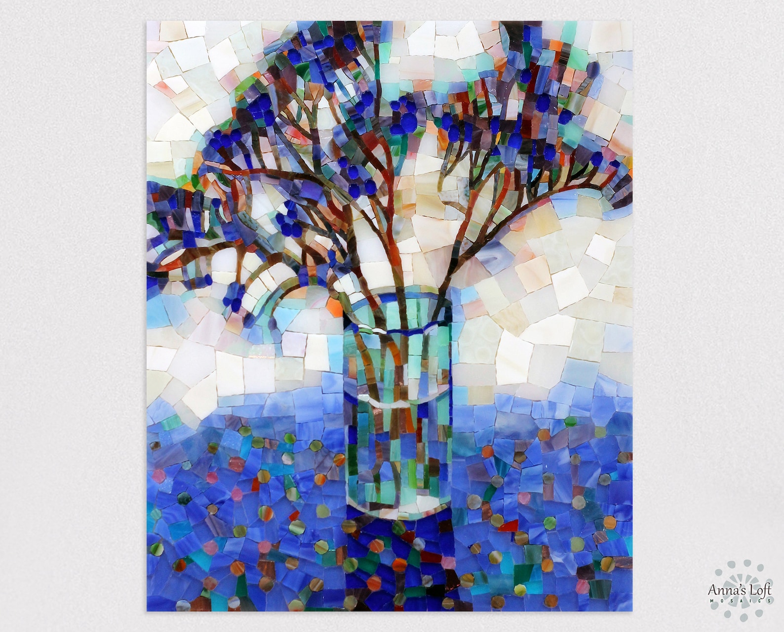 Blue flowers wall art Stained glass botanical mosaic Blue Etsy