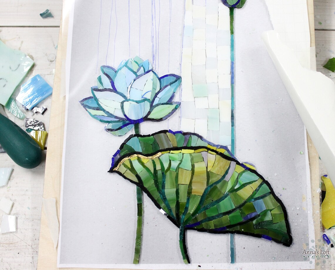 Blue lotus flower Stained glass mosaic wall art Nature Etsy