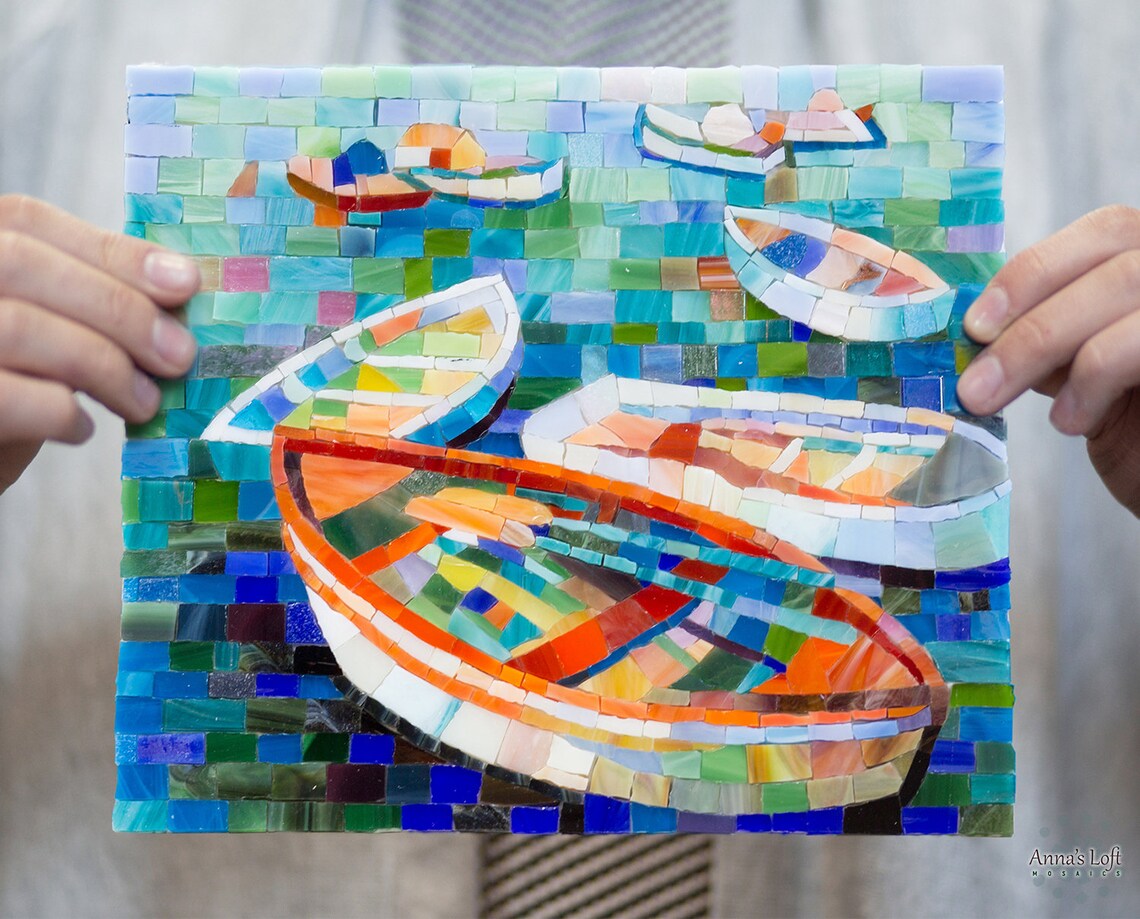 Boats mosaic stained glass colorful art nautical wall decor Etsy