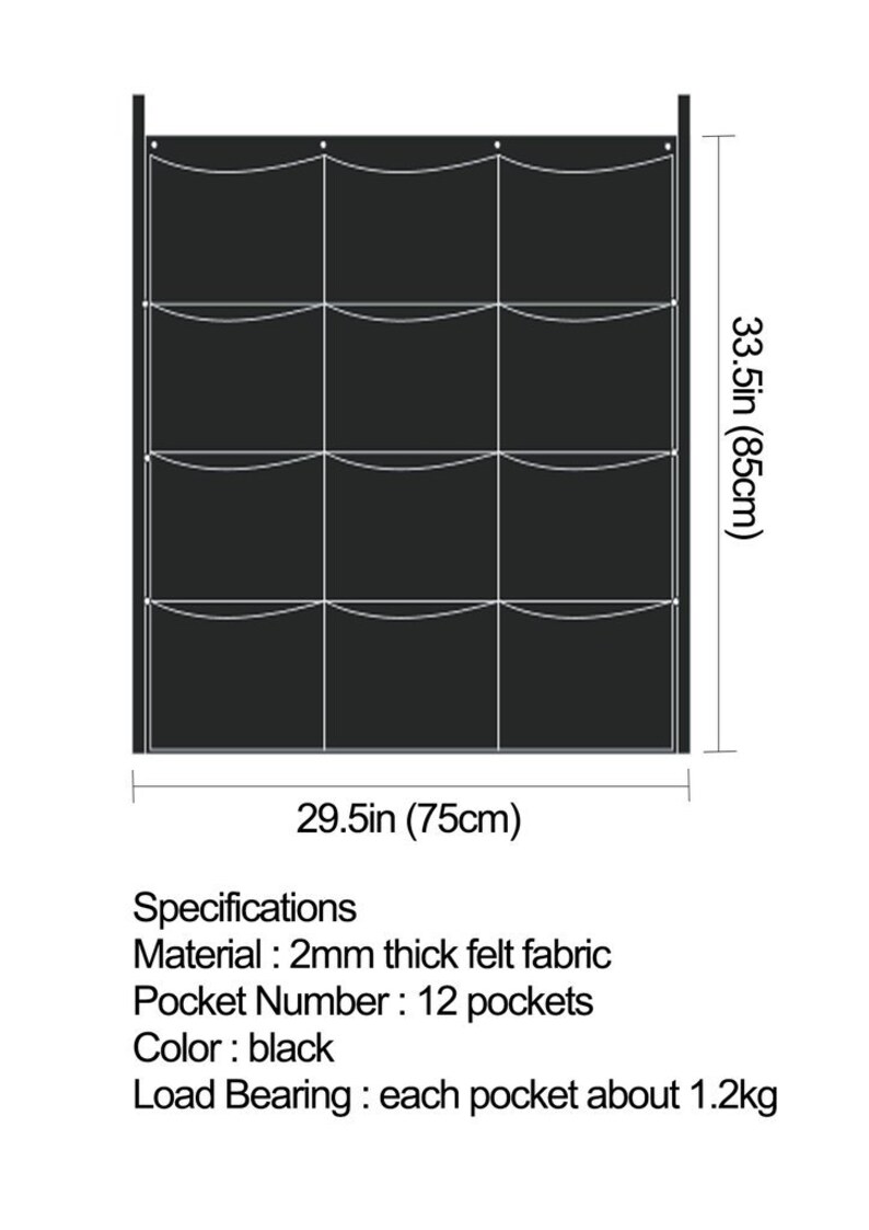 Puede incluir: Un macetero de pared vertical de fieltro negro con 12 bolsillos. El macetero mide 85 cm de alto y 75 cm de ancho. Especificaciones: Material: fieltro grueso de 2 mm, N&uacute;mero de bolsillos: 12 bolsillos, Color: negro, Capacidad de carga: cada bolsillo alrededor de 1,2 kg