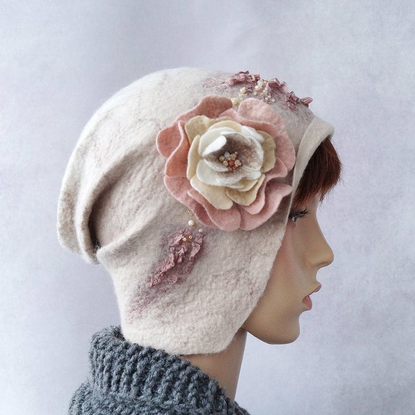 Handmade hat vanilla hat boho hat felted cloche felt cloche hat unique hat trend woman hat hats women hat with flower hat trend women's hat