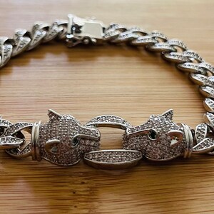 Panther Head Design in Silver Bracelet with CZ Diamonds