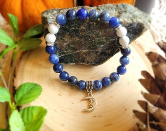 Sodalite and white lava stone beaded bracelet/ fall bracelet/ fall colors/ moon charm