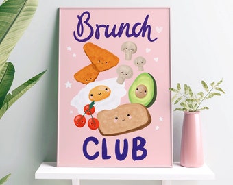 Brunch Club Print Kitchen Prints Kitchen Decor Unique Art Pink Prints Kitchen Wall Art Happy Poster Food Kawaii 8x10 A5 A4 A3