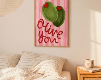 Pink Olive You Kitchen Wall Art Print - Colourful Quirky Pastel Home Decor - Modern Foodie Love Quote Poster A4 A3 A2 50x70cm