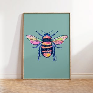 Gouache Bee Print Bedroom Wall Art Bee Nursery Art Cottagecore Decor Teal Print Colourful Rainbow Unframed A5/A4/A3/A2