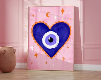 Evil Eye Heart Print: Pink Bedroom Decor, Spiritual Protection