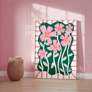 Abstract Pink Flowers Print Living Room Wall Art Colourful Botanical Modern Prints Bold Pink Green Poster A5/A4/A3/A2 50x70cm