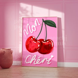 Mon Cheri French Print Bedroom Wall Art Colourful Retro Kitchen Decor Pink Prints Girly Fruit Food Poster A5 A4 A3 A2