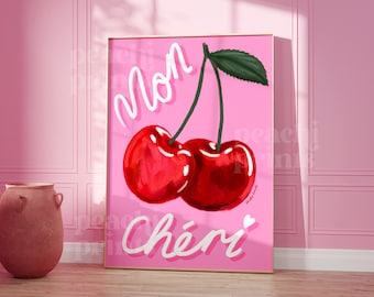 Mon Cheri Cherry Print: Retro Pink Kitchen Wall Art