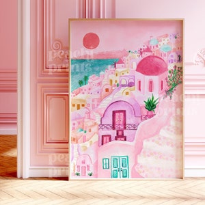 Santorini Print Greece Print Travel Poster City Print Pastel Prints Bedroom Prints Pink Bedroom Decor Painting A4/A3/8X10/50x70cm