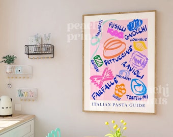 Stampa guida colorata per la pasta Stampe artistiche da parete per cucina Arte alimentare Regalo eccentrico per gli amanti della pasta A4 A3 A2