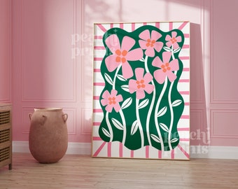 Bold Abstract Flowers Art Print - Living Room Wall Art Colourful Botanical Modern Prints Bold Pink Green Poster A5/A4/A3/A2 50x70cm