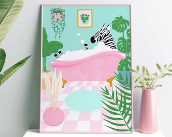 Estampa de banheira de zebra rosa: arte de parede tropical para banheiro