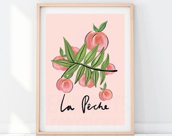 La Peche  / Peach Illustration Print / Kitchen / Minimal / Modern / Bathroom / Painting / Art / Peaches / Pink / Fruits / Simple