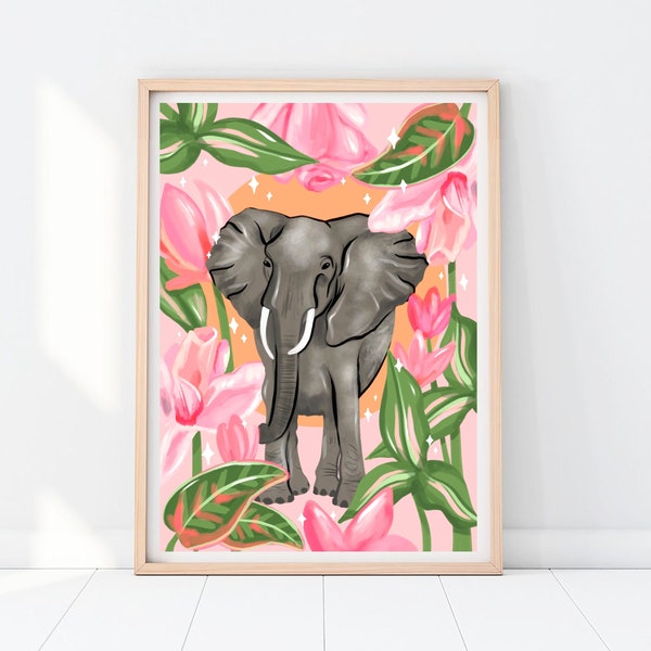 Floral Elephant Print / Pink / Bedroom Print / Hallway Print / Wall Decor / Colourful / Living Room / Art / Flowers / Bright A5 A4 A3