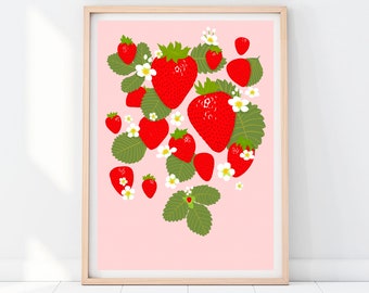 Botanical Strawberries Print / Fruit / Kitchen Print / Retro / Lounge Print / Colourful / Wall Art / Pink / Floral Print A5 A4 A3 A2