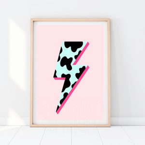 Cow Lightning Bolt Print / Colourful Art / Abstract Illustration / Bowie / Wall Decor / Gallery Wall / Mint / Pink / Poster / 8x10 A4 A3