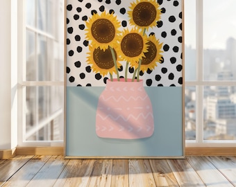 Sunflower Vase Art Print: Pastel Floral Illustration, Bedroom Living Room Decor