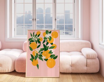 Botanical Oranges Print Fruit Print Kitchen Print Botanical Prints Bathroom Prints Colourful Wall Art Pink Kitchen Decor A5 A4 A3