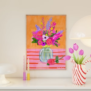 Colourful Flowers Print Botanical Vase Wall Art Print Bedroom Painting Floral Bouquet Pink Wall Art A5/A4/A3/A2